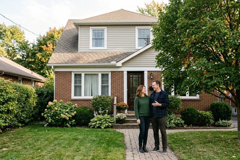 Two adults outside an illustrative Canadian home with a pitched roof.