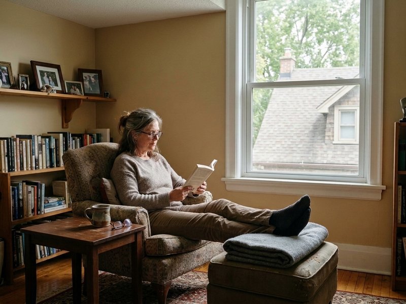 An adult reading in an upstairs living room in an illustrative home.