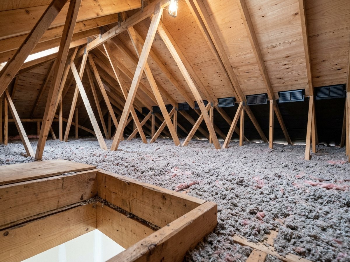 Accessible residential attic with deep loose-fill insulation across the floor and timber trusses.