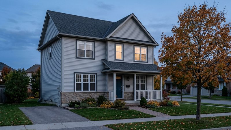 Illustrative Canadian home at dusk with warm upstairs lighting.