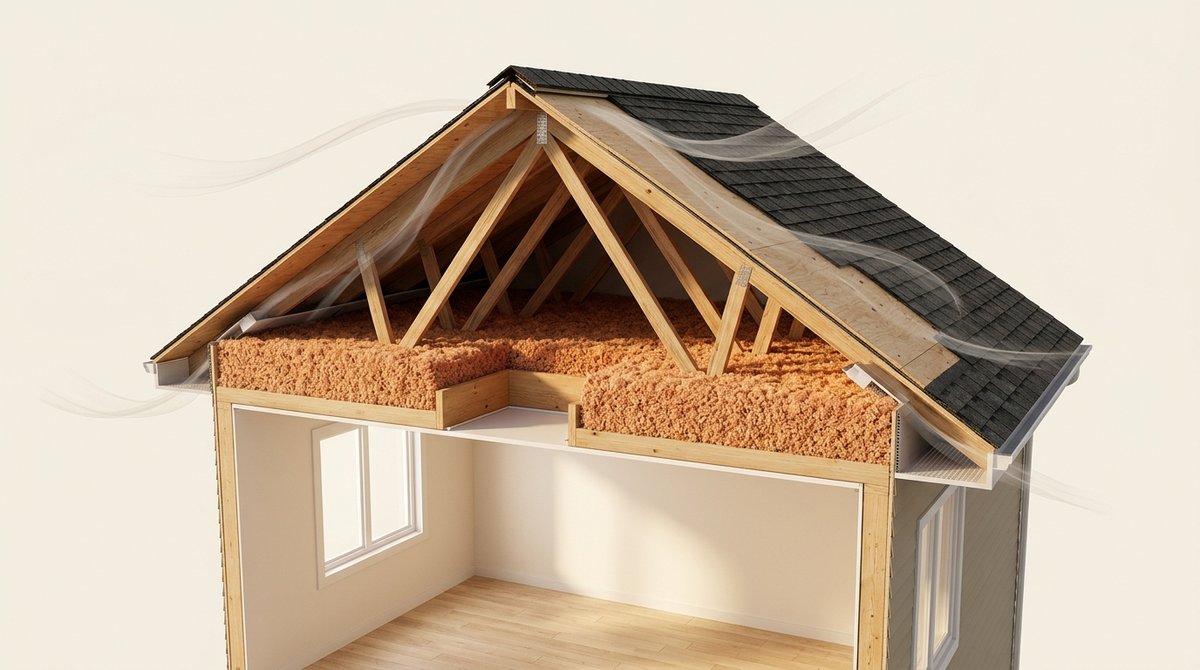 Detailed 3D architectural cross-section cutaway schematic of a Canadian home attic assembly showing upper living space, flat ceiling plane with insulated attic hatch, thick continuous loose-fill insulation layer across the ceiling joists, wooden Howe/Fink roof trusses, and unobstructed soffit-to-ridge ventilation airflow paths.
